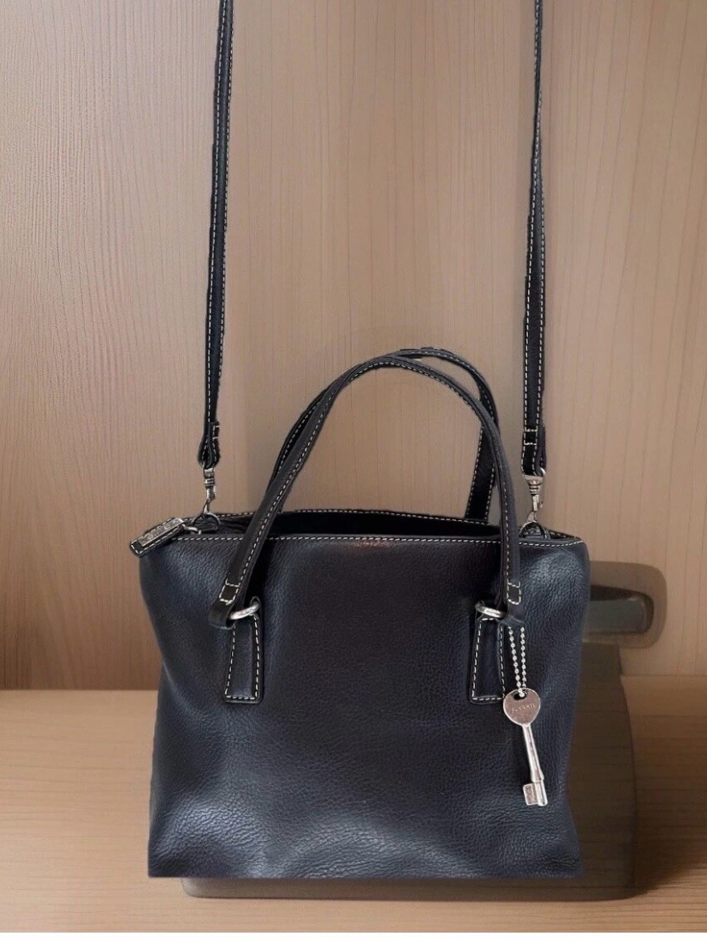 Fossil Black Leather Top-Handle Satchel with Crossbody Strap